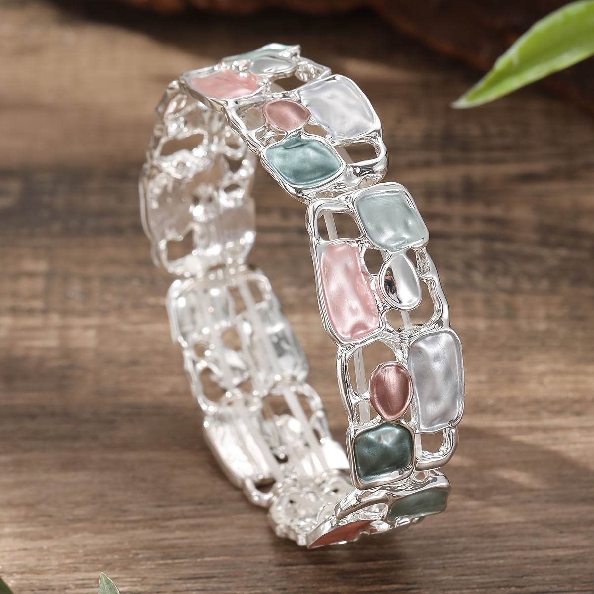 KAMILLE Vintage Silver Plated Geometric Enamel Stretch Bracelet